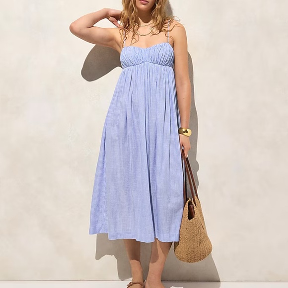 J.Crew Airy-gauze Empire Waist MIDI Dress In Pinstripe Blue, Size L, NWT - Picture 1 of 6